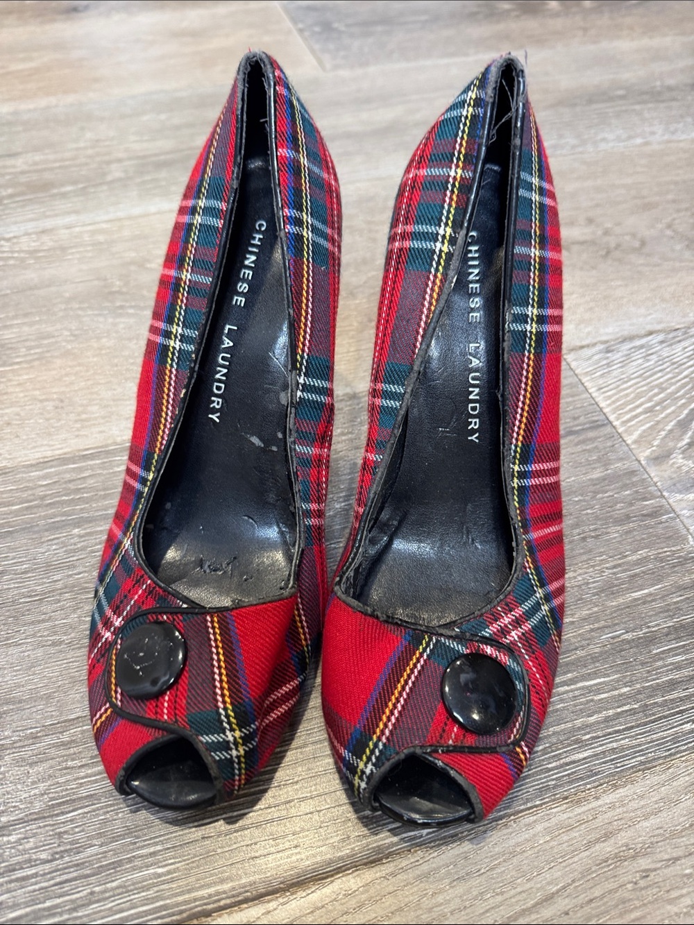 Chinese Laundry Red Plaid Peep-Toe Pumps with Button Accent